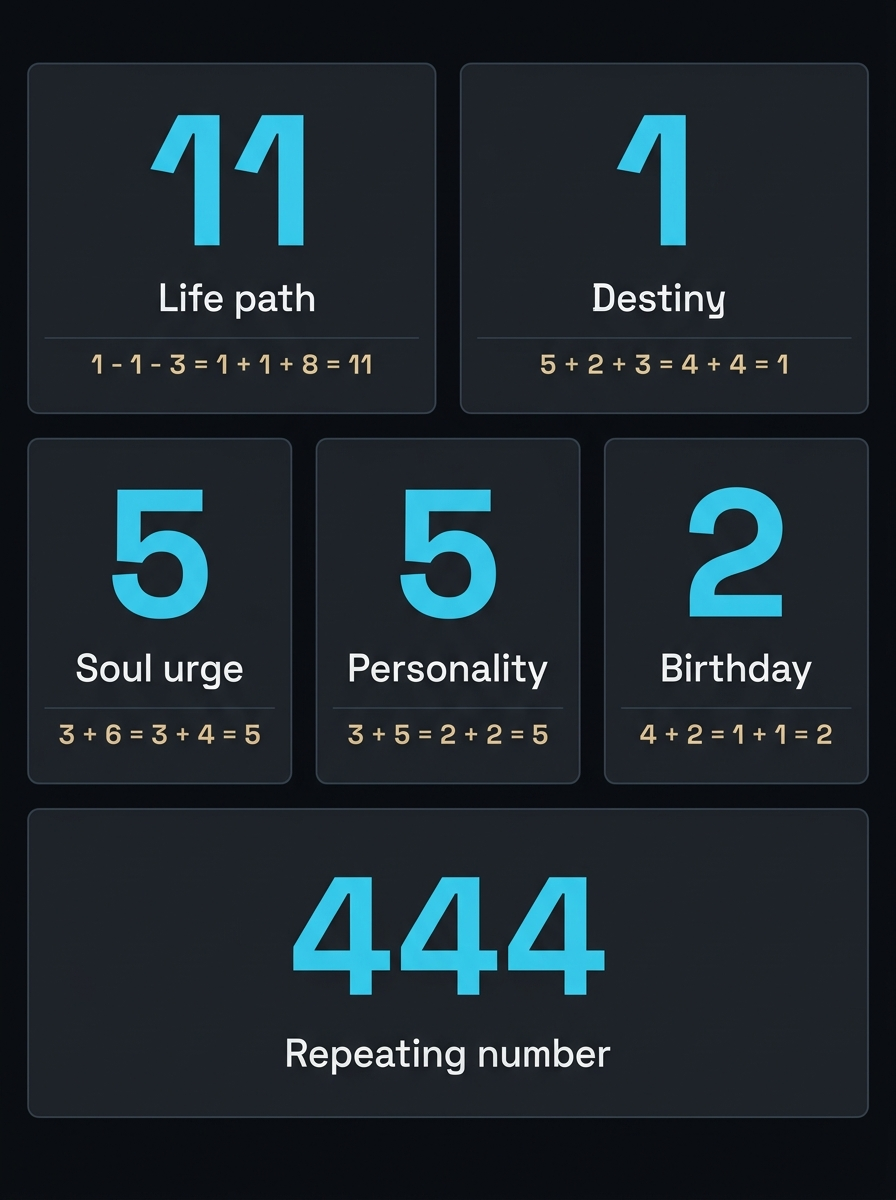 Numerology reading interface displaying five calculated profile numbers and a 444 repeating number breakdown